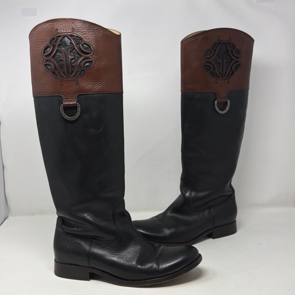 Frye Boots Women 8.5 B Black Brown Leather Tall Riding Western Boots Mexico